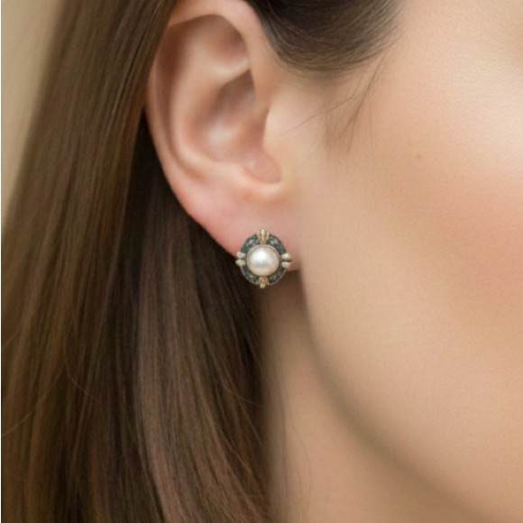 Lagos Two Tone Sterling Silver  18 Kt Gold Cultured Pearl Earrings